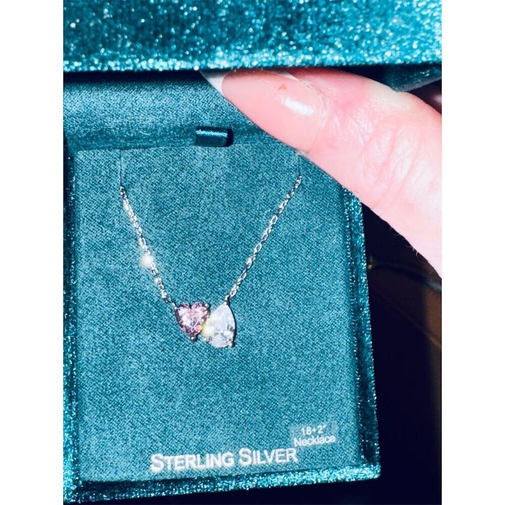 Pink Heart White Pear-Shaped Cubic Zirconia You & Me Necklace in Sterling Silver - Picture 9 of 16